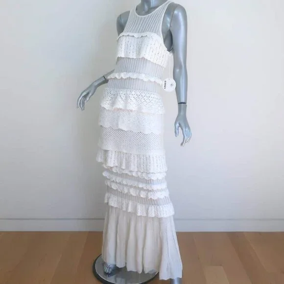 STAUD Sorrento Ruffled Crocheted Maxi Dress White Cotton-Blend Size Medium NEW - Picture 3 of 7